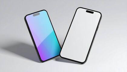 Two smartphones, one with a gradient display, the other blank, rest on a light gray surface