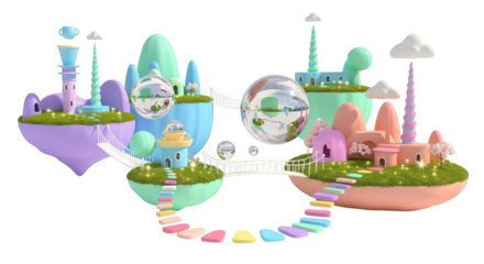 Whimsical Floating Islands Connected by Bridges in a Pastel Dreamscape
