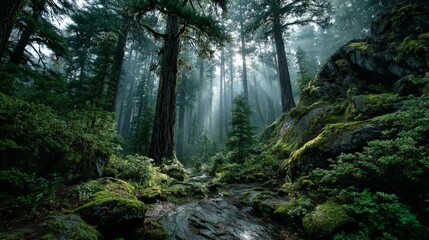 Obraz premium Sunlight streaming through a lush, green, misty forest with mosscovered rocks and a small stream in the foreground