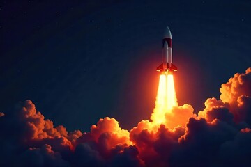 Fototapeta premium Dramatic Night Launch Rocket Blasts Off Against Starlit Sky, Fiery Exhaust Trails ? Powerful Space Exploration Imagery Perfect for Technology and Startup Themes