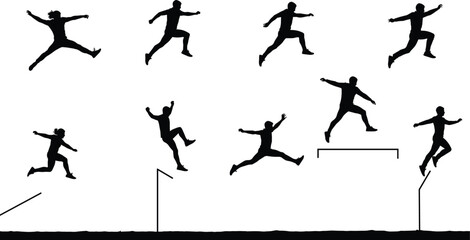 Long jump silhouettes, athletic sequence, track and field, sport motion, takeoff flight landing, athlete training, jump technique, dynamic action, sports science