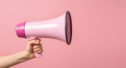 Hand holding a bright pink megaphone, announcing news with enthusiasm against a soft pink backdrop