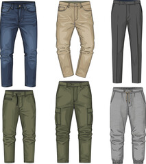 Create a kinds of deferent man modern pant vector art with white background.