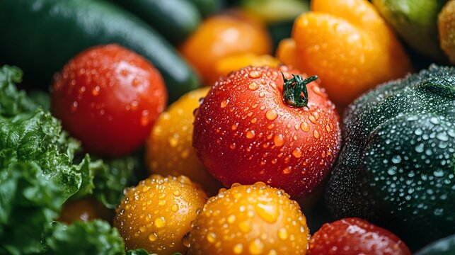 Vibrant arrangement featu assorted garden vegetables including red tomatoes, yellow tomatoes, cucumbers and lettuce all covered in sparkling fresh water droplets. - Powered by Adobe