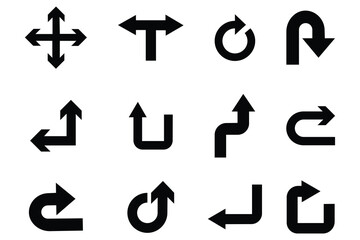 Collection of bold black directional arrow icons. Traffic direction arrows flat set. Vector pictograms of direction, pointer, rotate,  move, turn, return, merge, diverge. Vector illustration. 