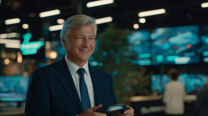 a sleek tech showroom with glass displays bright controlled lighting on a middle aged engineer in a suit unveiling a VR headset confident pose as he presents detailed textures