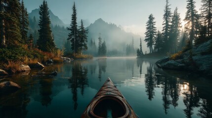 Kayaking on a misty lake surrounded by pine trees and mountains at sunrise