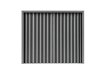 Heavy, dull grey corrugated steel curtains, fully closed, with rigid vertical lines, matte finish, against a pristine transparent background with copy space, evoking security and inaccessibility
