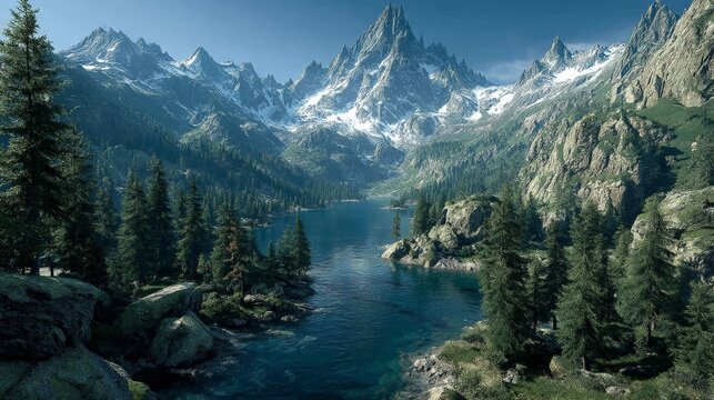 Majestic snowcapped mountains towering over a pristine lake and dense forest