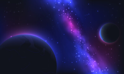Vector illustration of deep space with glowing planets, bright stars, and a vibrant galactic nebula on a dark cosmic background. Perfect for astronomy, science, and space exploration themes.