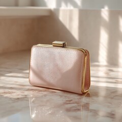 Elegant pale pink clutch purse with gold trim and a sparkling textured surface, resting on a marble surface