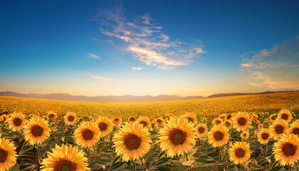 Obraz premium a vibrant sunflower field with a clear blue sky and a gentle breeze illustration background