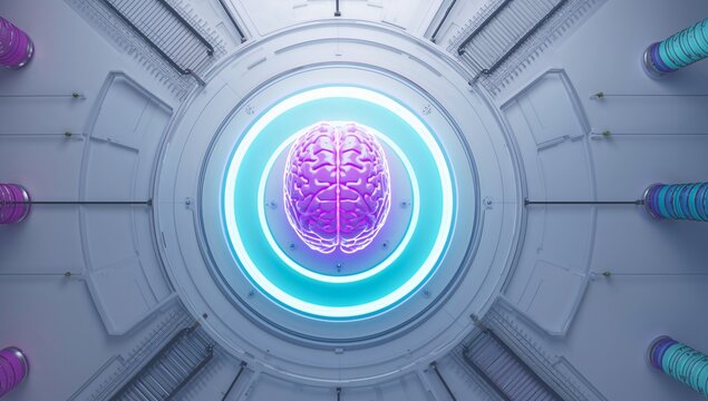 Futuristic Brain in High Tech Room with Neon Lights and Metal Walls