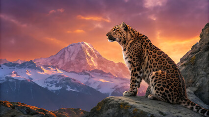 Majestic leopard perched on rocky outcrop gazing at a vibrant sunset over snow capped mountains