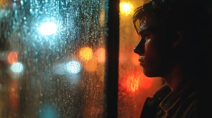 Young Man Looking Out Rainy Window with City Lights at Night