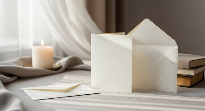 Elegant Stationery Composition: Lit Candle, Envelopes, and Books in Soft Light.