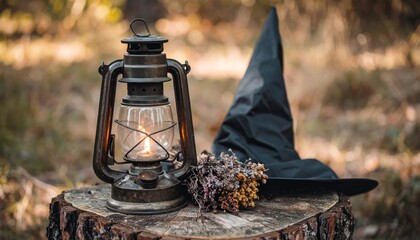 Vintage Lantern with Black Witch Hat on Tree Stump in Autumn Forest Scene