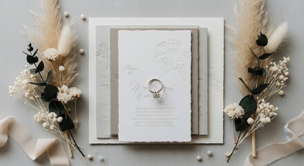 Wedding Invitation Elegance: An inviting tableau of a wedding invitation card, complemented by an engagement ring, dried floral arrangements, and delicate stationery.