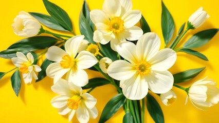 Bright Spring Flowers on Yellow Background