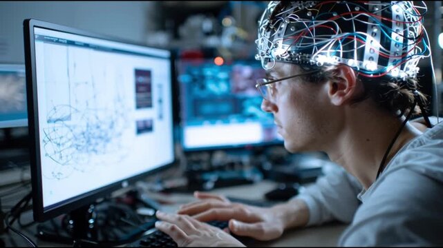Brain-computer interface. Neuroscience. Biohacking. Cybernetics. Neural. A researcher works on a computer with a brainwave monitoring device.