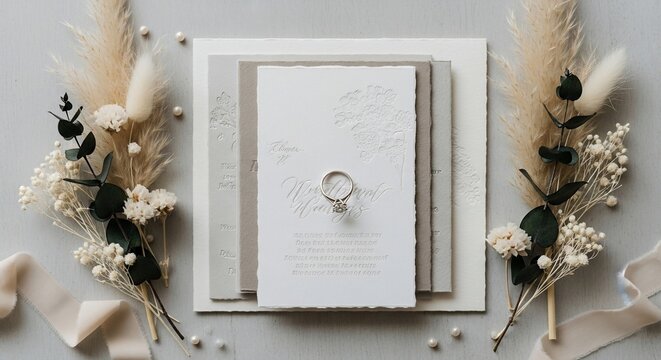 Wedding Invitation Elegance: An inviting tableau of a wedding invitation card, complemented by an engagement ring, dried floral arrangements, and delicate stationery.