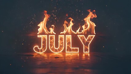 powerful 4k animated fire text effect spelling july with bright glowing flames on dark background delivering high impact visuals for event promotions digital ads dynamic animated