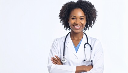 Smiling African American female doctor with arms crossed wearing a white coat and stethoscope against a white background.