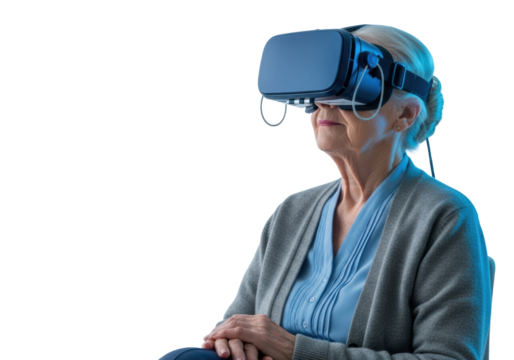 Elderly caucasian woman, serene, wearing retro VR headset and grey cardigan, hands clasped, on transparent background with soft blue light, copy space, concept of peaceful digital immersion