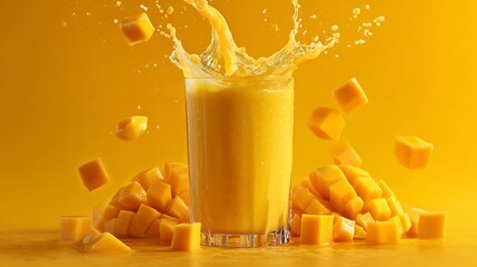 Refreshing Mango Smoothie Splash with Fresh Cubes on Yellow Backdrop