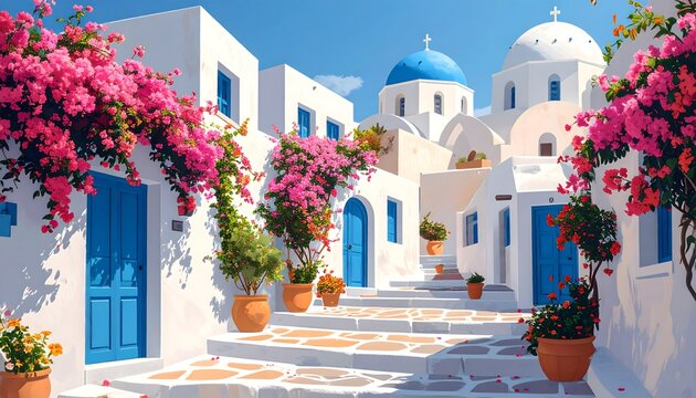 Calle t&iacute;pica de Santorini con casas blancas, c&uacute;pulas azules y buganvillas