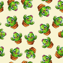 seamless pattern featuring cute cartoon cacti in pots