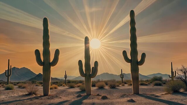 designed as a mesmerizing 4k retro inspired wallpaper animation this stylized desert landscape features symmetrical cactus plants bold geometric mountains a radiant sunburst filling the sky