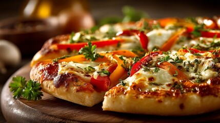 Delicious pizza with fresh vegetables and melted cheese, a perfect meal for any occasion, captured in a closeup shot
