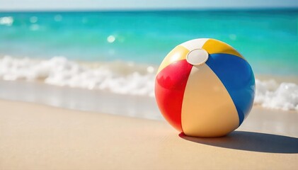 Obraz premium A brightly colored beach ball bounces on a sun-drenched sandy beach, waves gently lapping in the background, embodying the carefree spirit of summer , coast, bright
