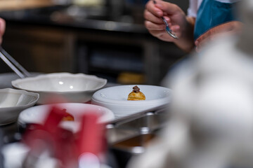 Main d’un chef étoilé en pleine préparation culinaire, dressant un plat gastronomique avec précision.