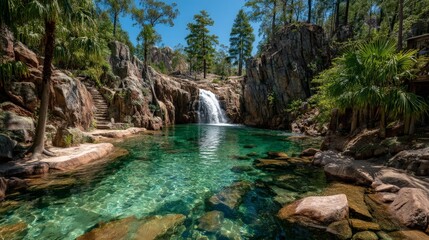 Fototapeta premium A beautiful waterfall cascades into a crystal clear turquoise pool surrounded by lush green foliage and rocky outcrops on a sunny day