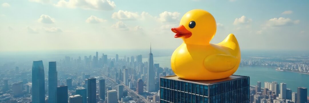 A colossal, inflatable rubber duck sits precariously atop a skyscraper, a clear visual metaphor for deceptive grandiosity and inflated claims , charade, trickery