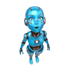 Fototapeta premium High Angle 3D Render of Small Cybernetic Girl Robot with Glossy Cyan Finish and Surprised Expression