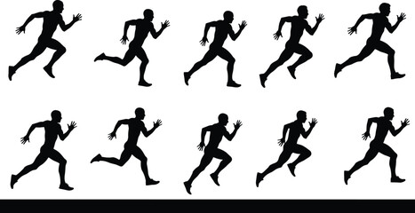 Running motion silhouettes, sequence of strides, dynamic athletic poses, sports biomechanics, sprint phases, human motion study, fitness illustration, vector design art