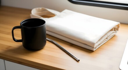 Reusable tote bag, mug and metal straw on bamboo table promoting sustainable lifestyle