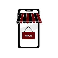 Online shop with open text. Smartphone displays shop icon with swinging open sign. Playful and vibrant cartoon design. Retail startup concept with eye-catching motion.