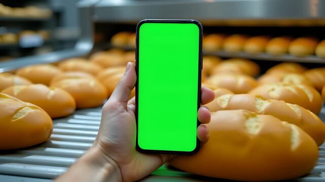 Smart Device in the Bakery: A person holds a smartphone with a bright green screen, showcasing the potential of digital connection amidst a delicious display of freshly baked bread in an oven.