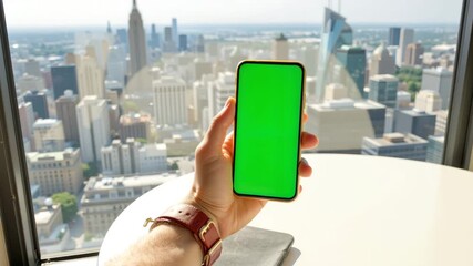 Digital Gateway to Urban Vista: A person holds a sleek smartphone with a vibrant green screen against the backdrop of a sprawling cityscape, symbolizing connectivity and modern living. - Powered by Adobe
