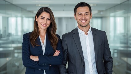 Business professionals man and woman portrait in modern office background
