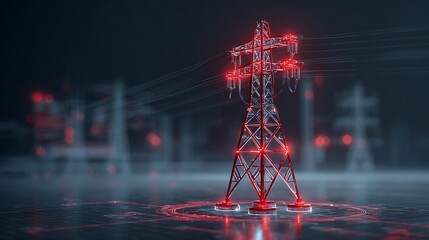 Red Power Tower Transmission Line with Digital Circuitry Illustration