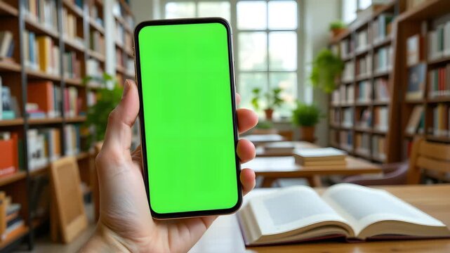 Green Screen in Library: A person's hand holds up a modern smartphone with a blank green screen, inviting creative concepts and visual integration, set against a blurred background of a library.