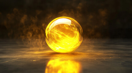 A glowing yellow energy sphere slowly floating in a minimalist futuristic void. Surrounded by abstract glass or metallic elements. 