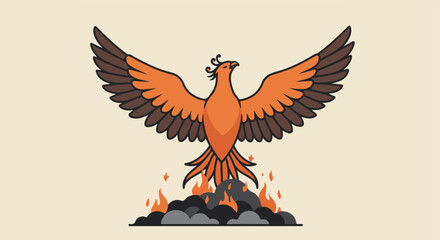Fototapeta premium Phoenix Rising From Ashes, Wings Spread in Beige Landscape
