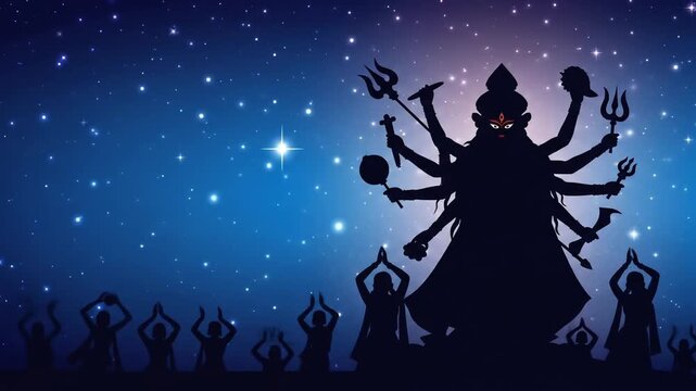 Silhouette of Durga Puja Festival Celebration Spiritual Indian Hindu Goddess Manifestation and Celestial Night Scenery with Devotees in Worship