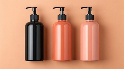 Elegant pump bottles for lotion in black, coral and peach colors on brown surface